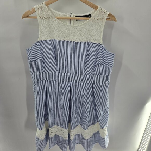 Nina Leonard White Blue Vertical Stripes Coastal Lace Mini Dress Size 12 - Picture 1 of 8